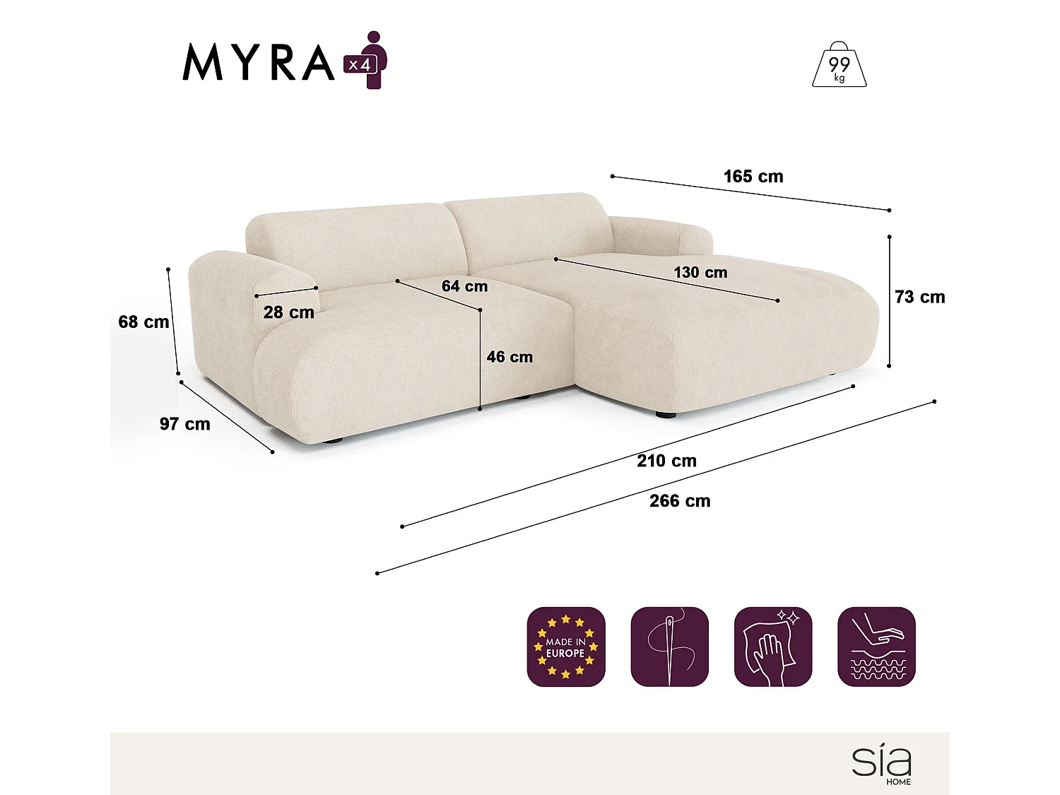 Canapé d'angle droit 4 places MYRA en velours à motifs beige