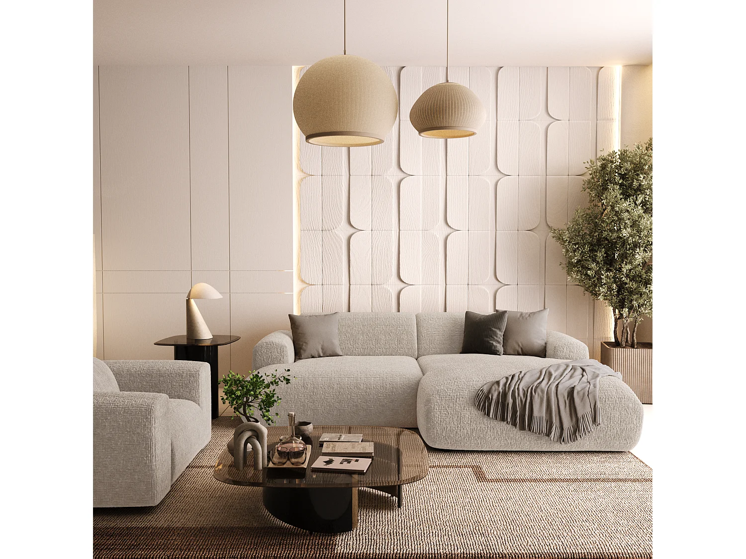 Canapé d'angle droit 4 places MYRA en velours à motifs beige