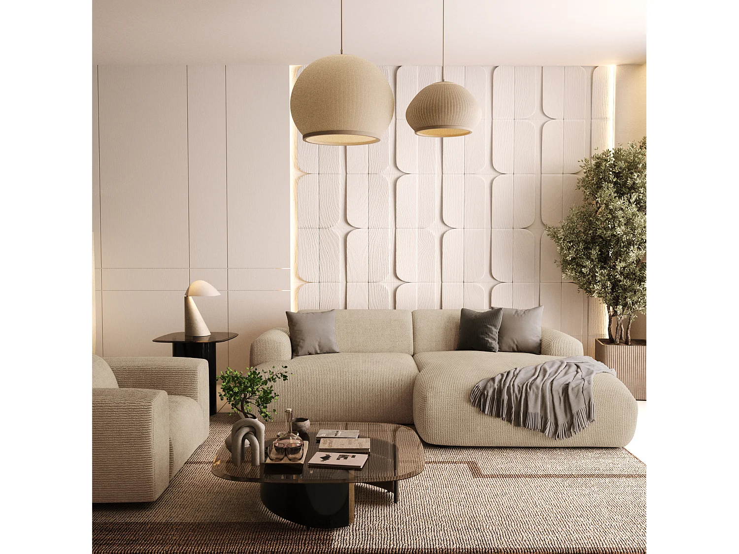 Canapé d'angle droit 4 places velours côtelé beige 266cm MYRA