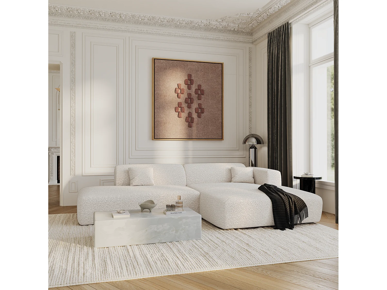 Canapé angle droit ouvert tissu bouclette crème 5 places MYRA