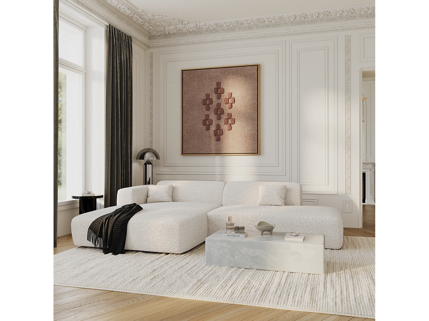 Canapé angle gauche ouvert tissu bouclette crème 5 places MYRA