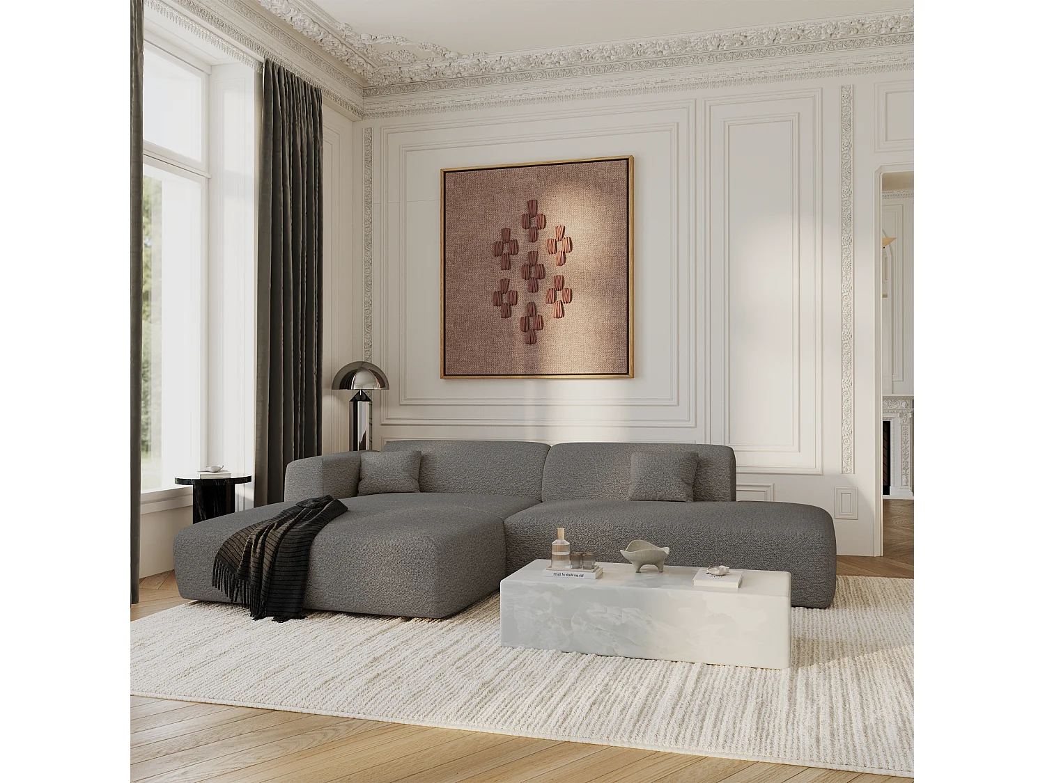 Canapé angle gauche ouvert tissu bouclette gris graphite 5 places MYRA