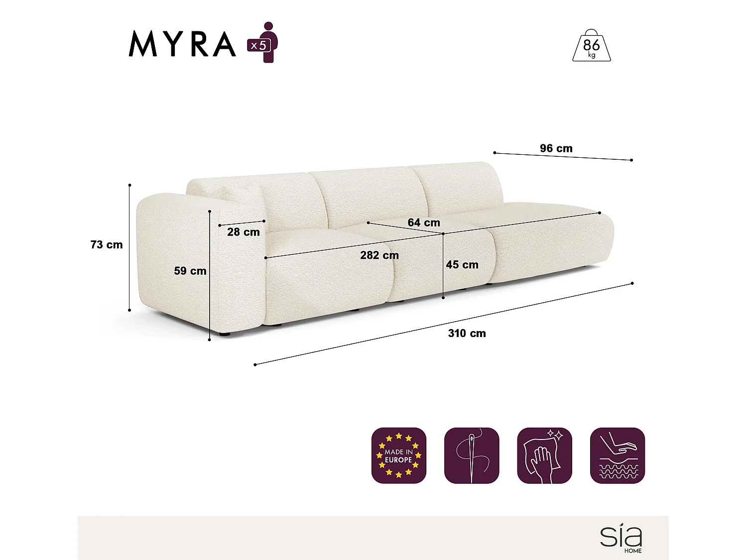 Canapé gauche 5 places tissu tramé vert olive 310cm MYRA