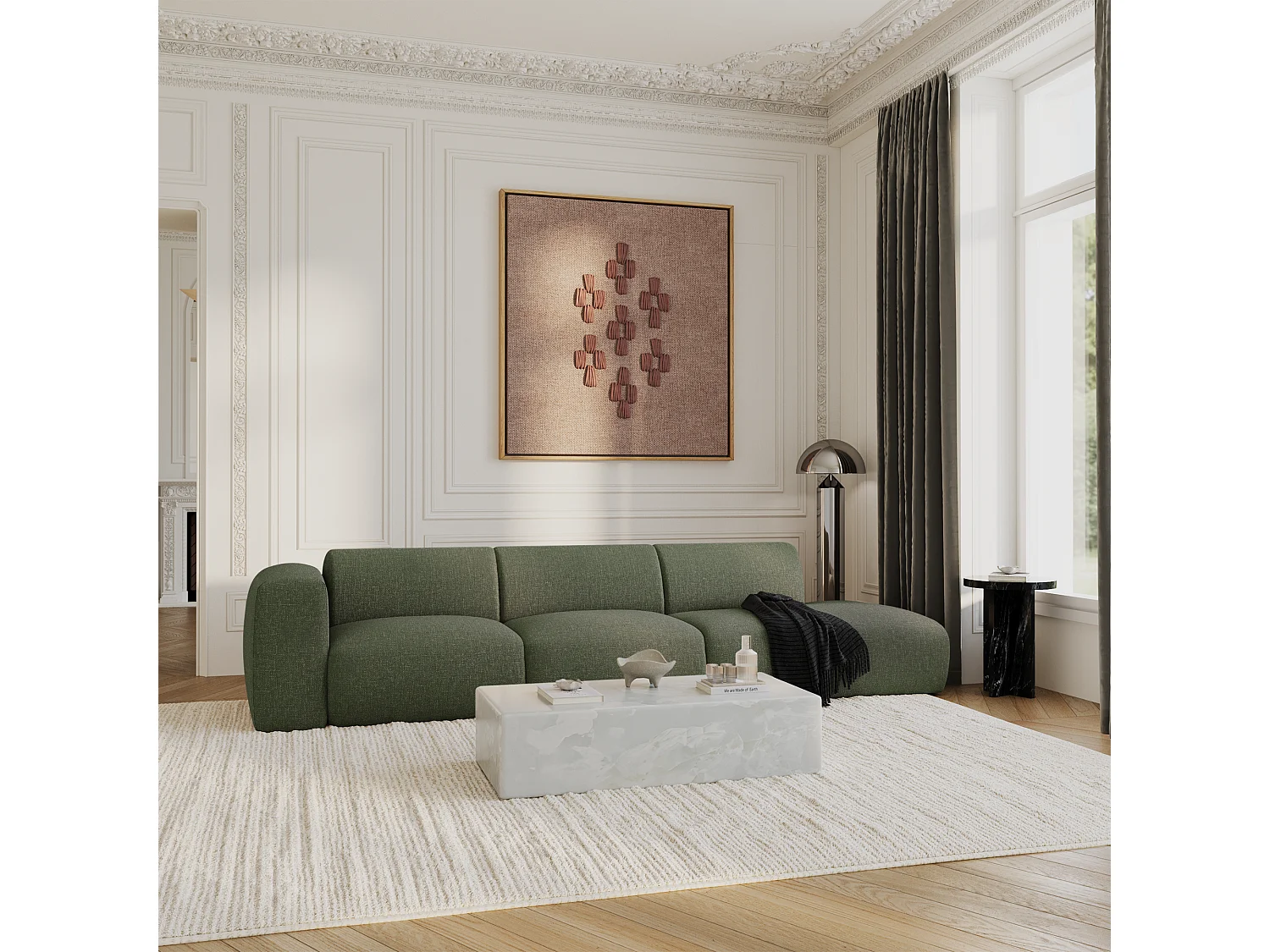 Canapé gauche 5 places tissu tramé vert olive 310cm MYRA