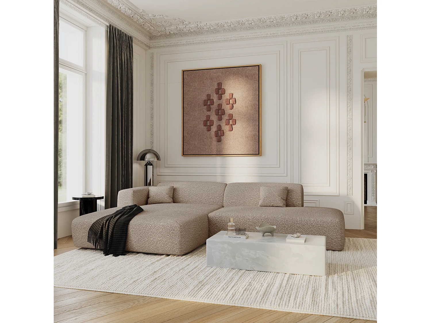 Canapé angle gauche ouvert tissu bouclette taupe 5 places MYRA