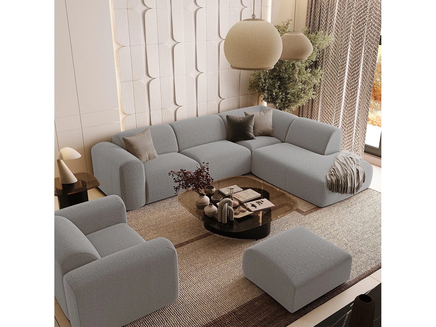 Canapé grand angle droit 5 places tissu tramé gris clair MYRA