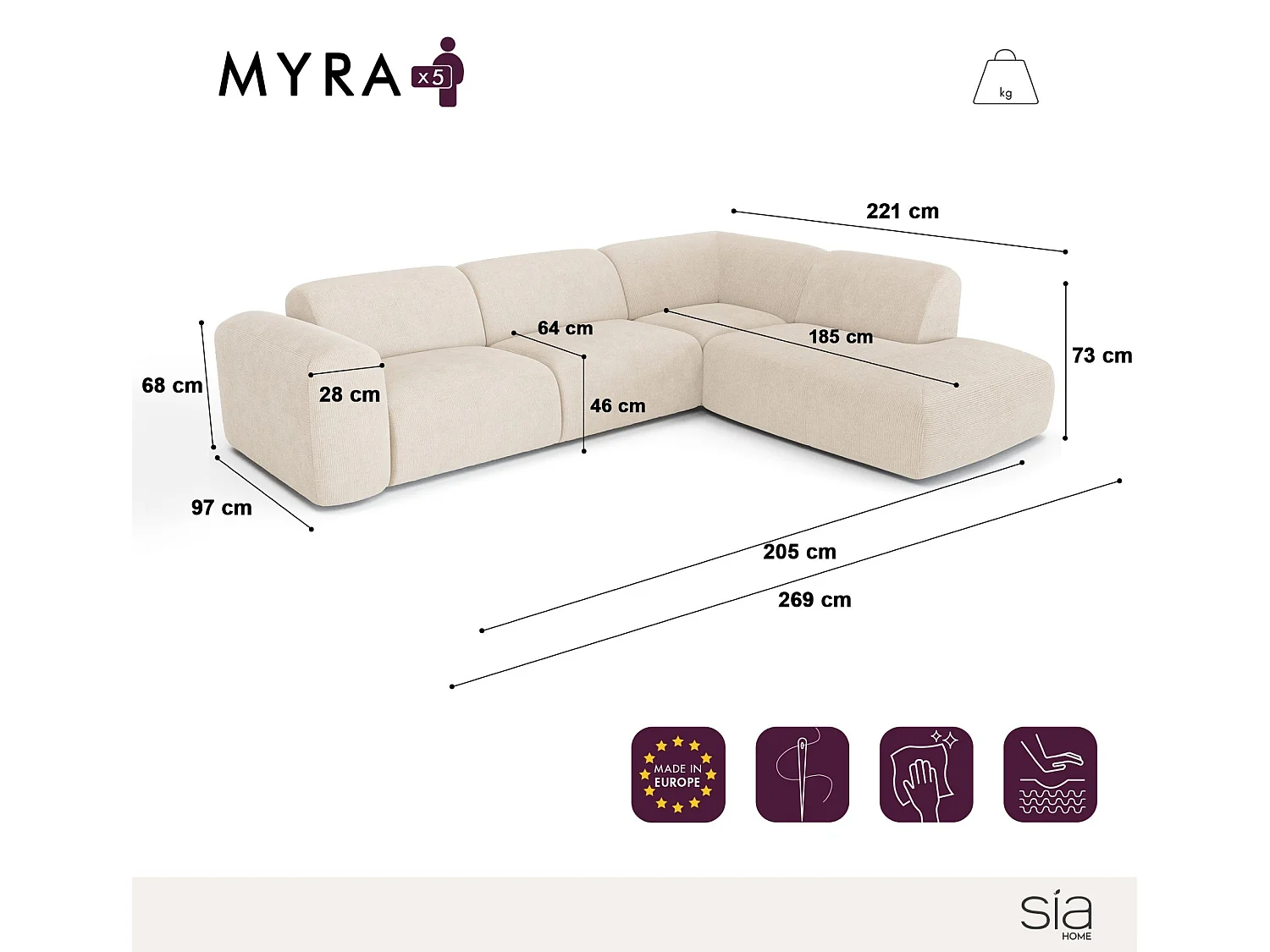 Canapé grand angle droit 5 places tissu tramé gris clair MYRA