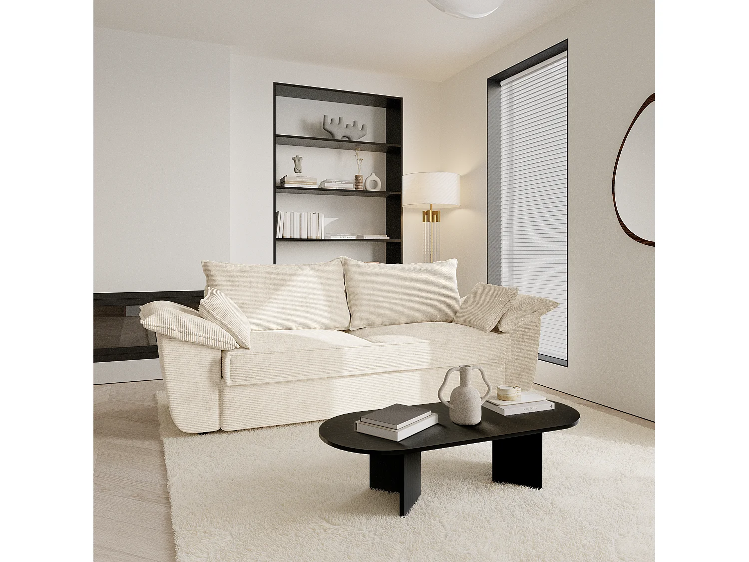 Canapé 3 places velours côtelé crème 230cm SASHA