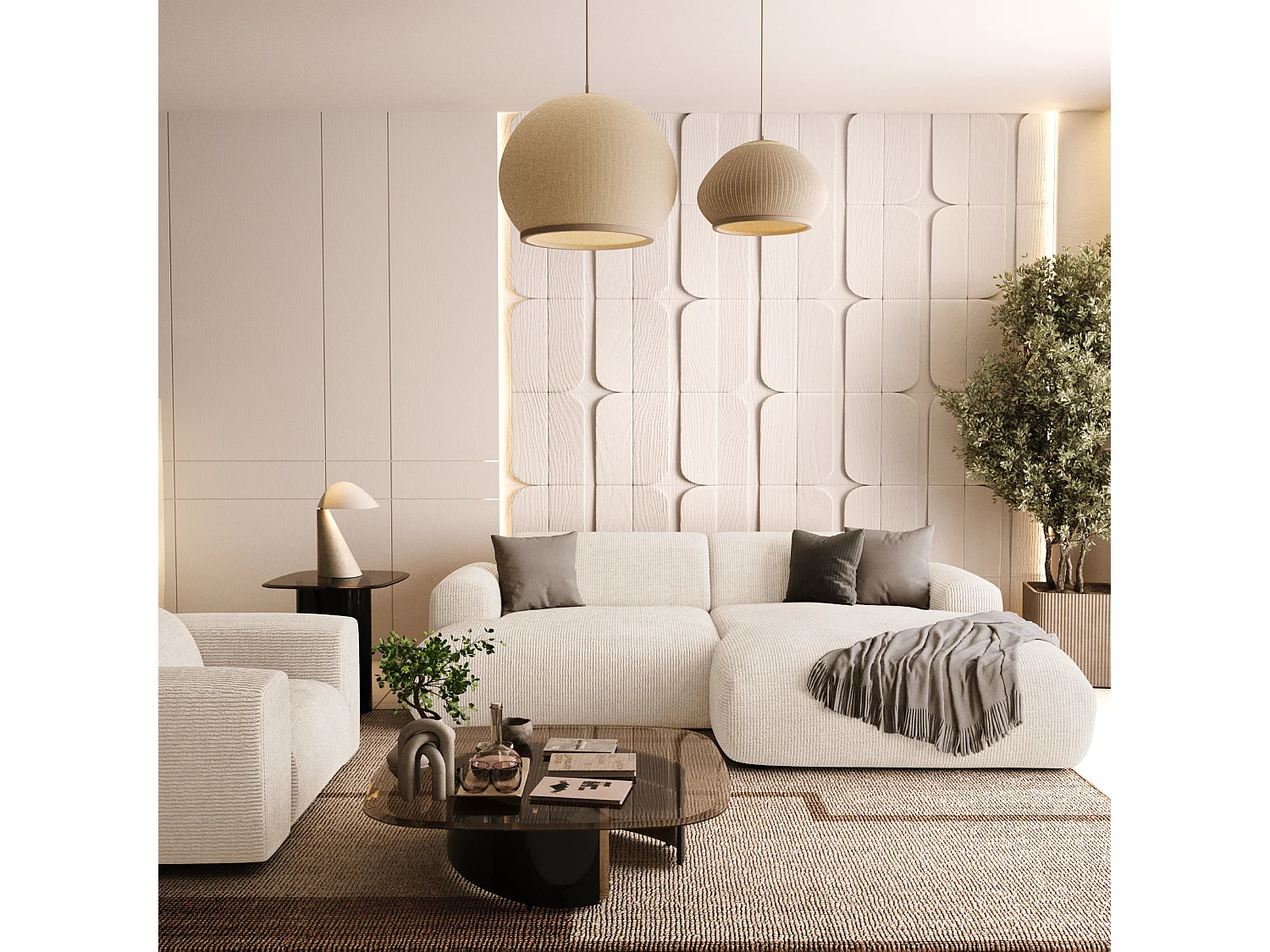 Canapé d'angle droit 4 places velours côtelé crème 266cm MYRA