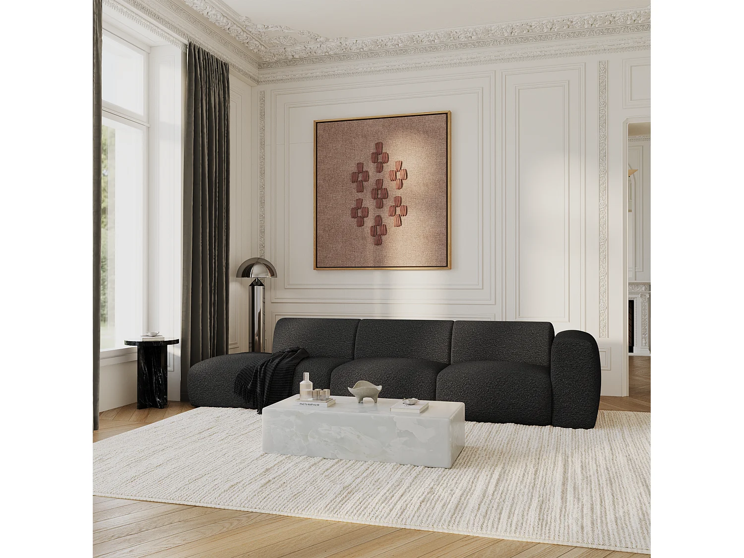 Canapé droit 5 places bouclette anthracite foncé 310cm MYRA