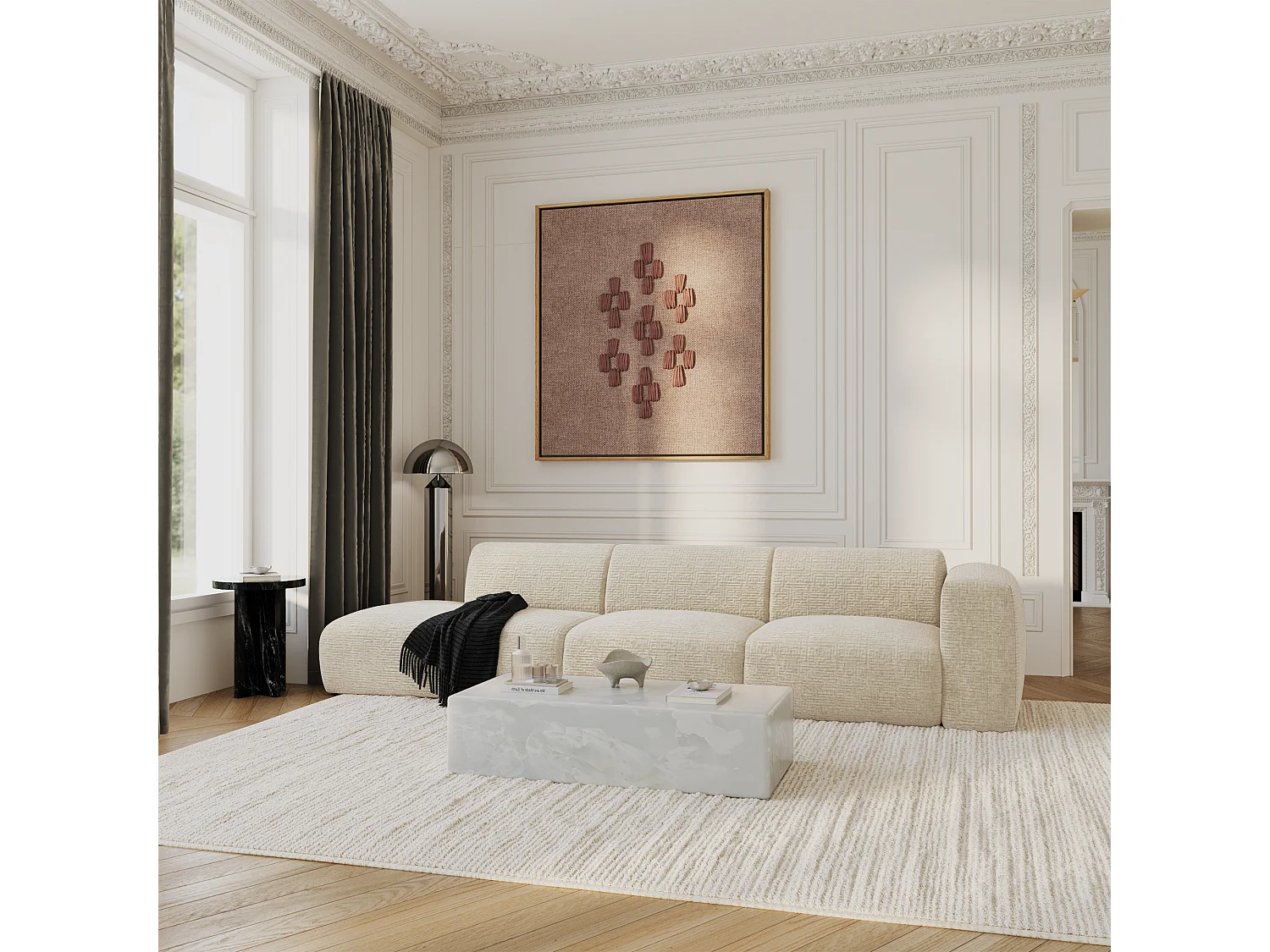 Canapé droit 5 places velours à motifs crème 310cm MYRA