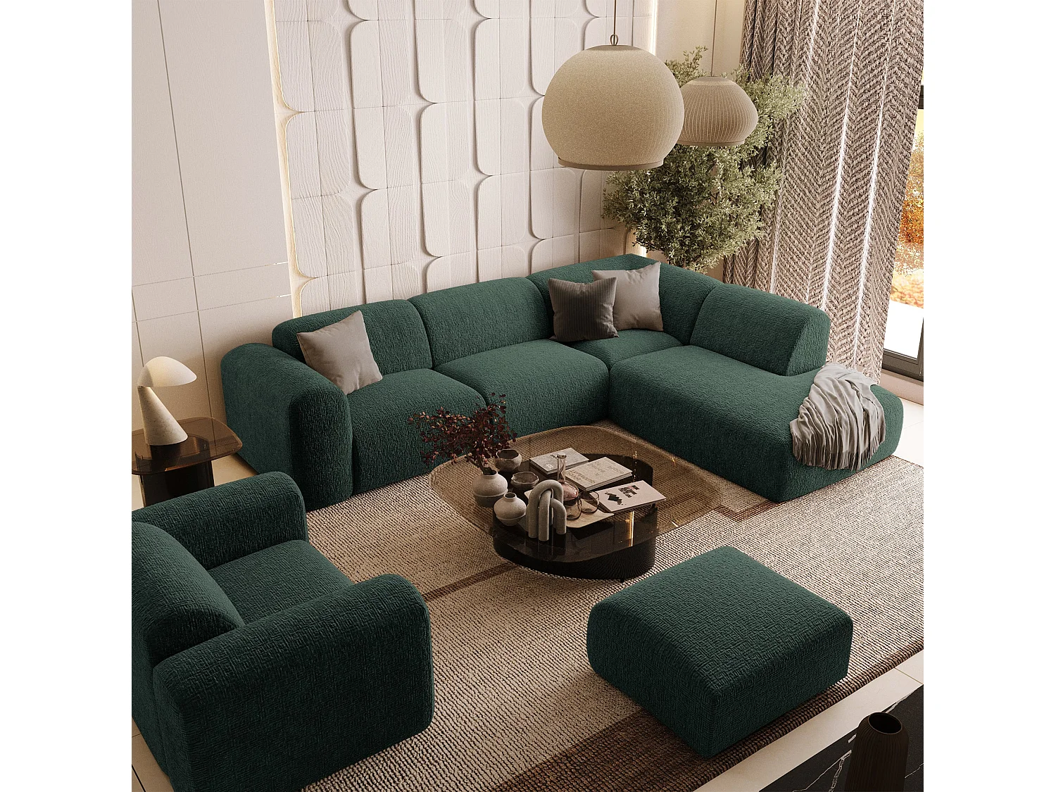 Canapé 5 places grand angle droit velours à motifs vert  MYRA