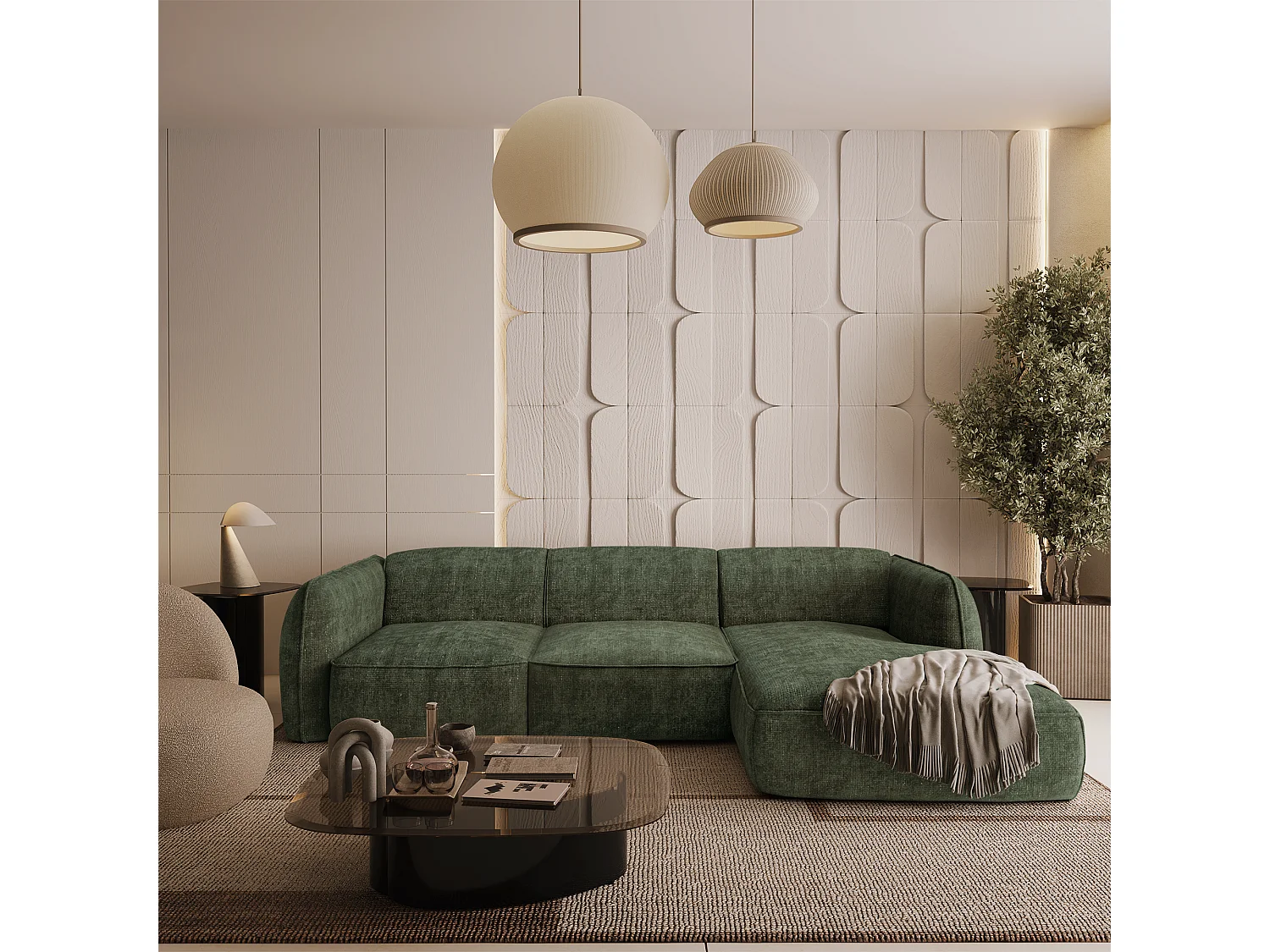 Canapé d'angle droit velours tramé vert olive LIVIA