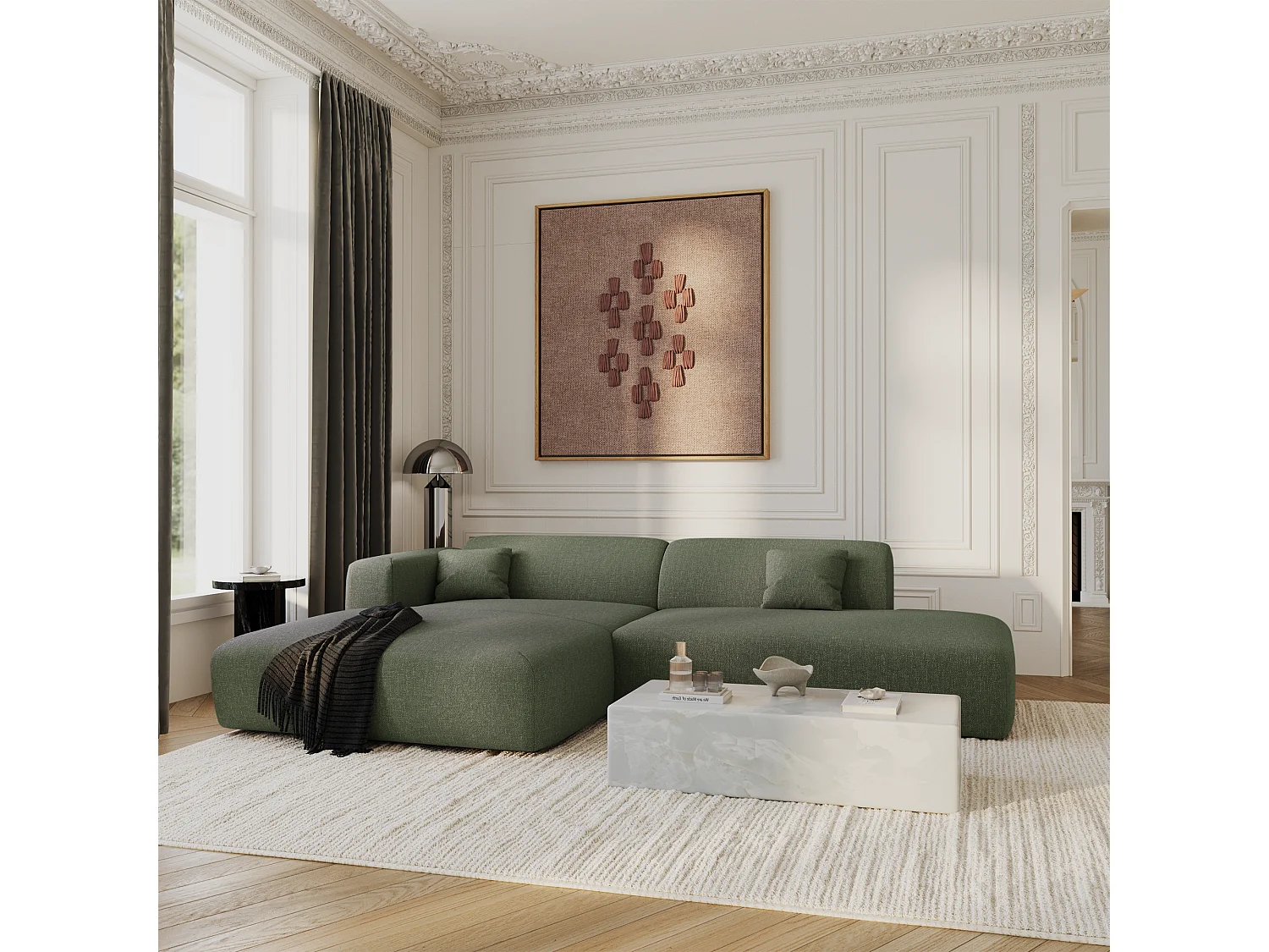 Canapé angle gauche ouvert 5 places MYRA en tissu tramé vert olive