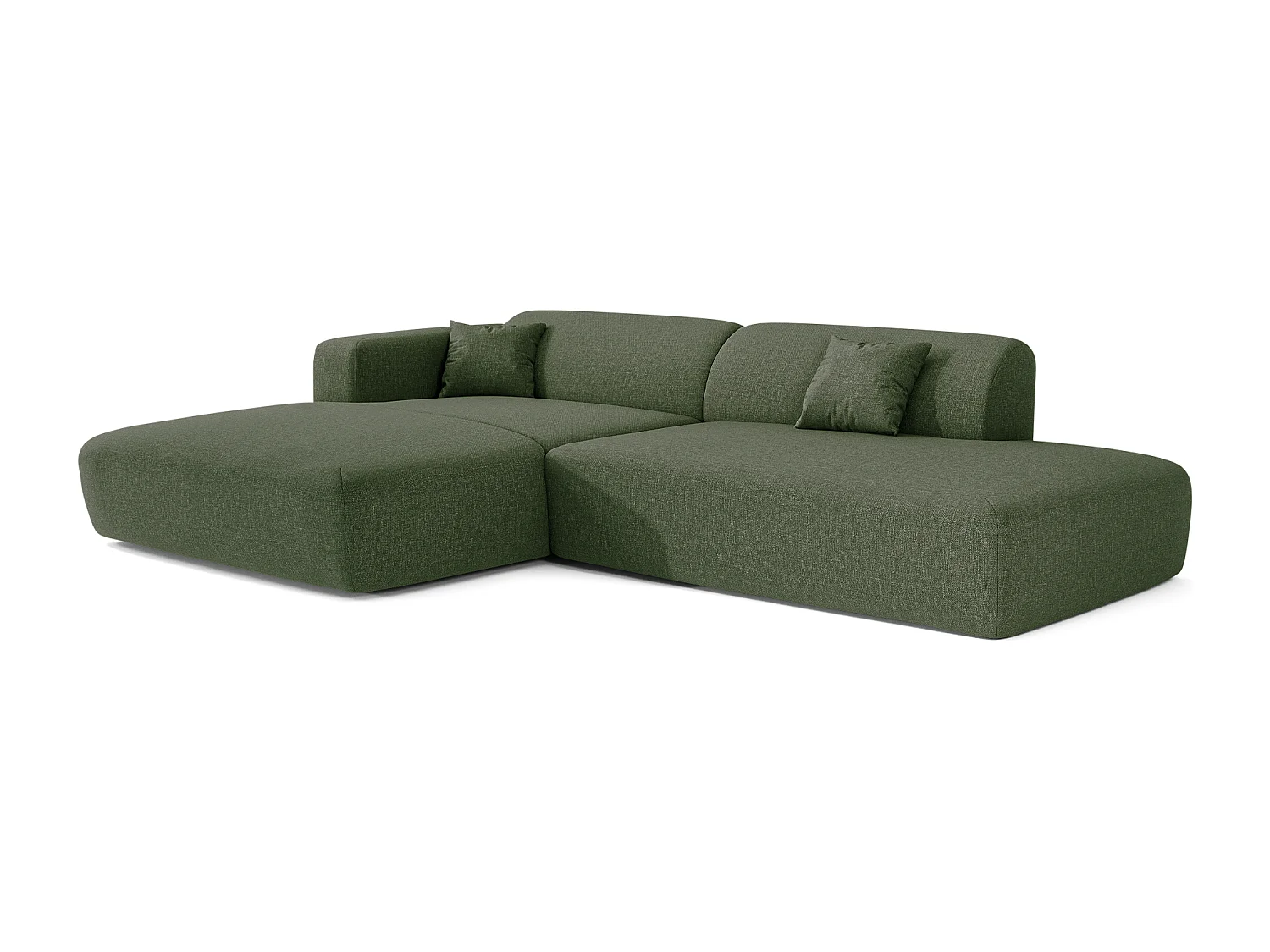 Canapé angle gauche ouvert 5 places MYRA en tissu tramé vert olive