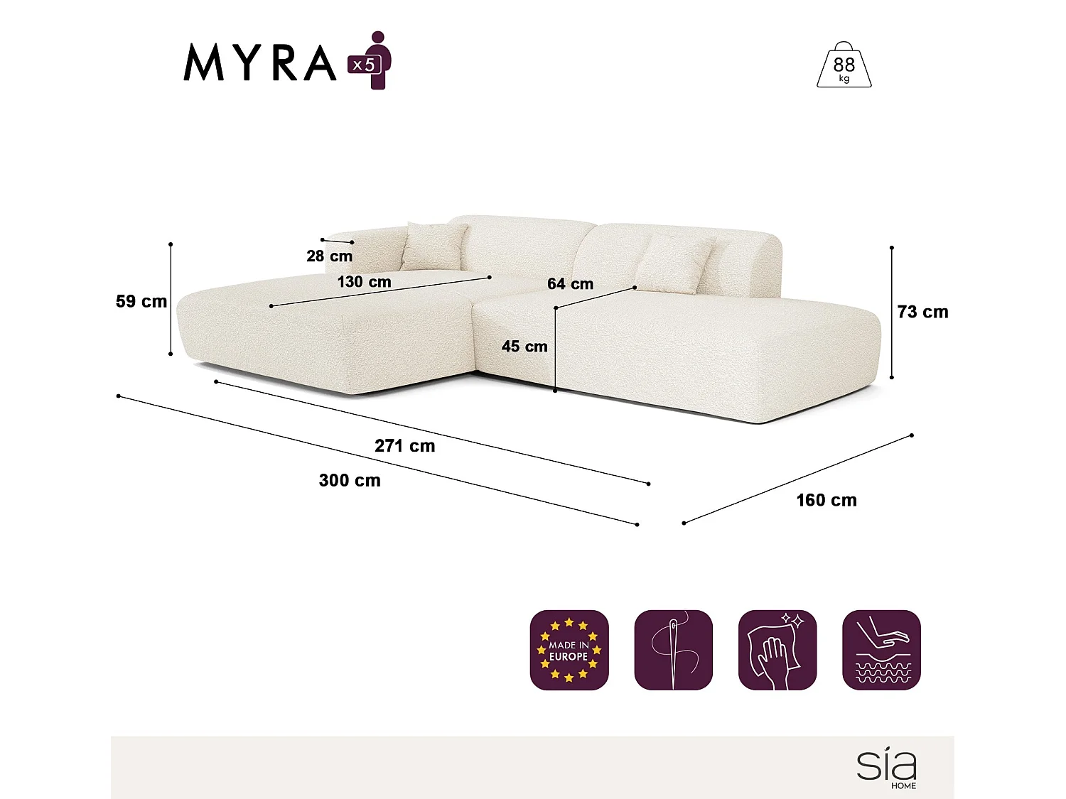 Canapé d'angle gauche 5 places en velours côtelé beige MYRA