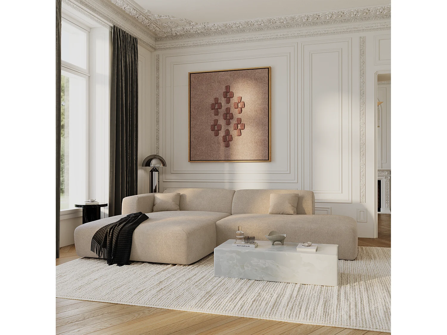 Canapé d'angle gauche 5 places en velours côtelé beige MYRA