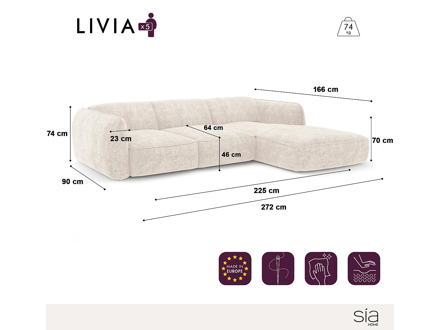 Canapé d'angle droit 5 places en velours taupe LIVIA
