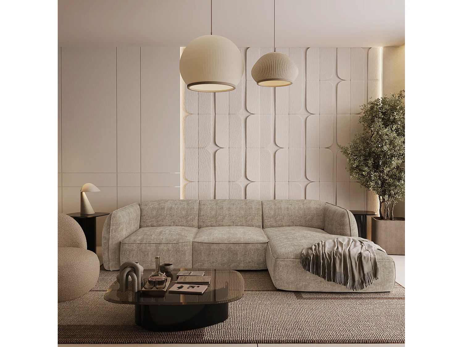 Canapé d'angle droit velours tramé taupe LIVIA