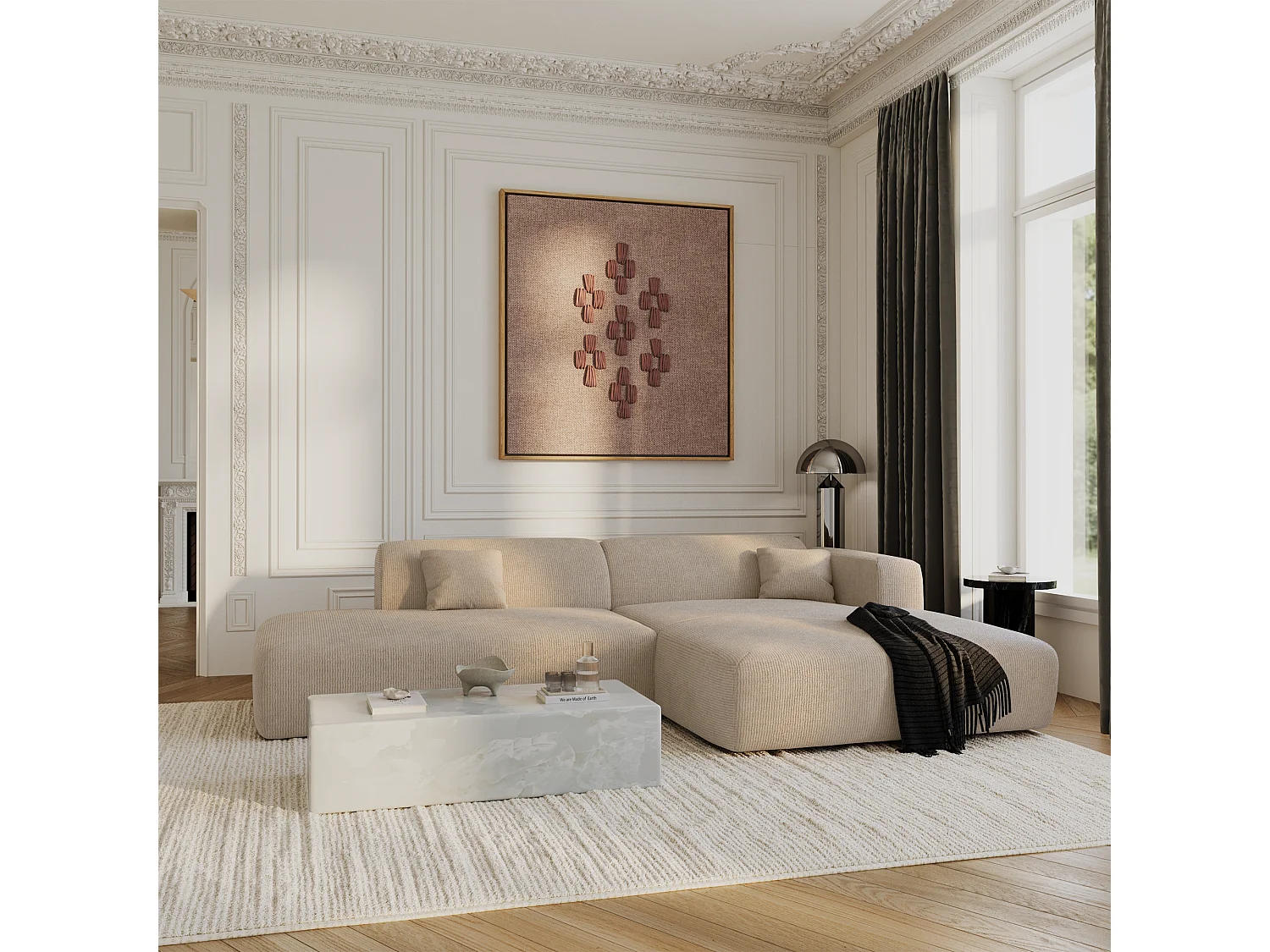 Canapé angle droit ouvert velours côtelé beige 5 places MYRA