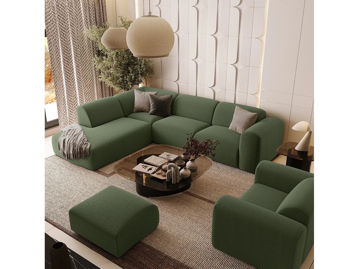 Canapé grand angle gauche 5 places tissu tramé vert olive MYRA