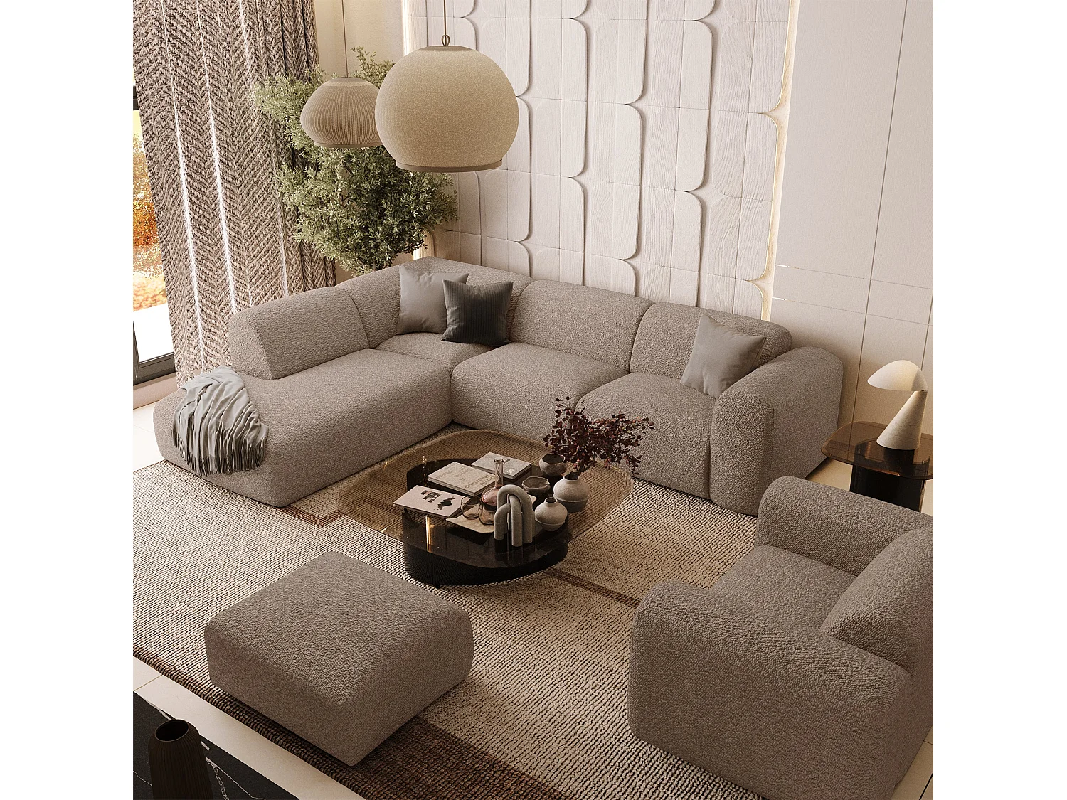Canapé grand angle gauche MYRA 5 places en tissu bouclette taupe