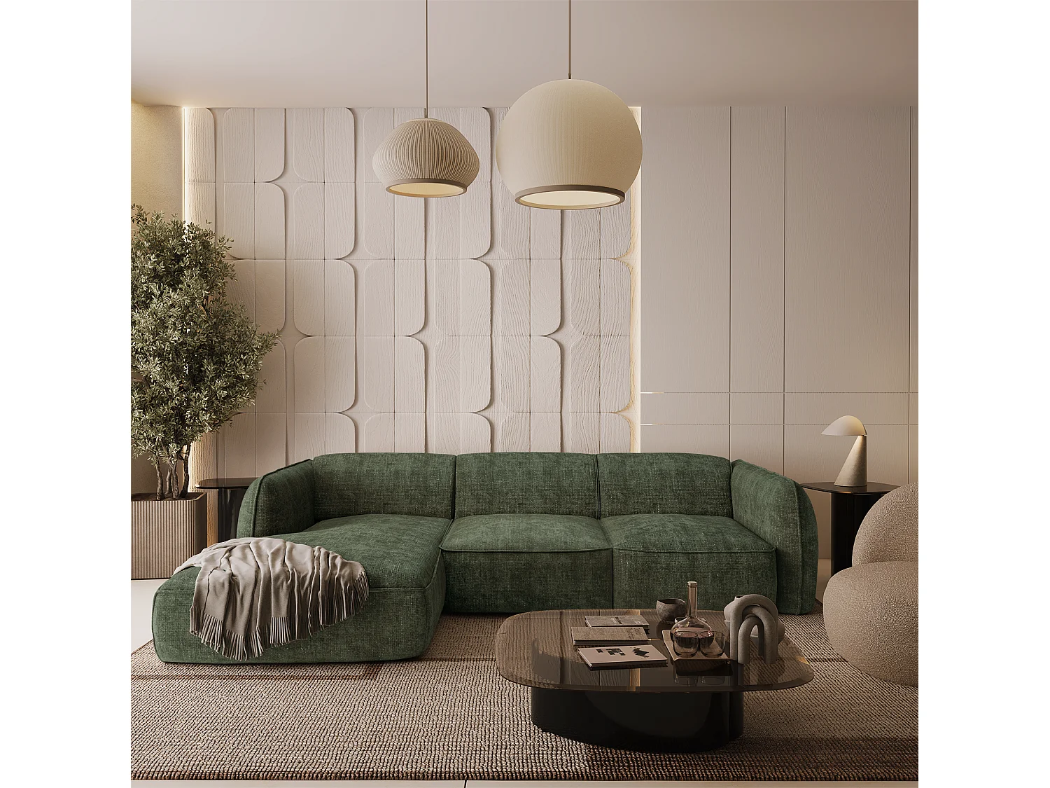 Canapé d'angle gauche velours tramé vert olive LIVIA