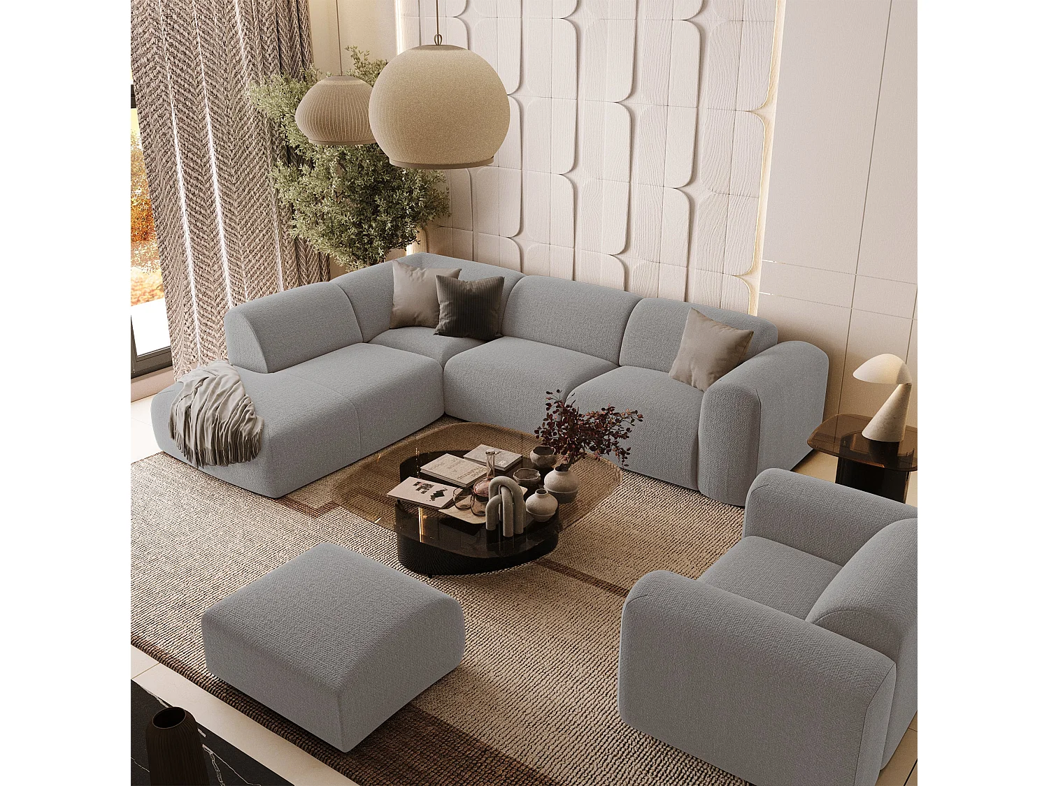 Canapé grand angle gauche 5 places tissu tramé gris clair MYRA