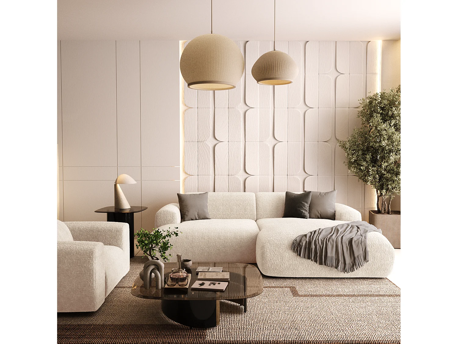 Canapé d'angle droit 4 places velours à motifs crème 266cm MYRA