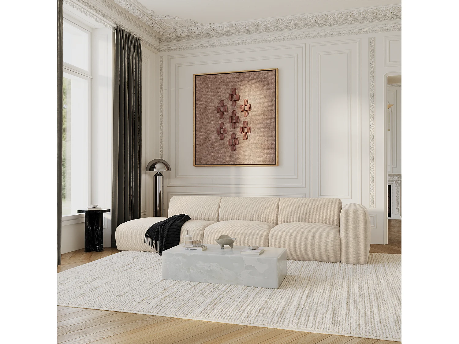 Canapé droit 5 places velours côtelé crème 310cm MYRA