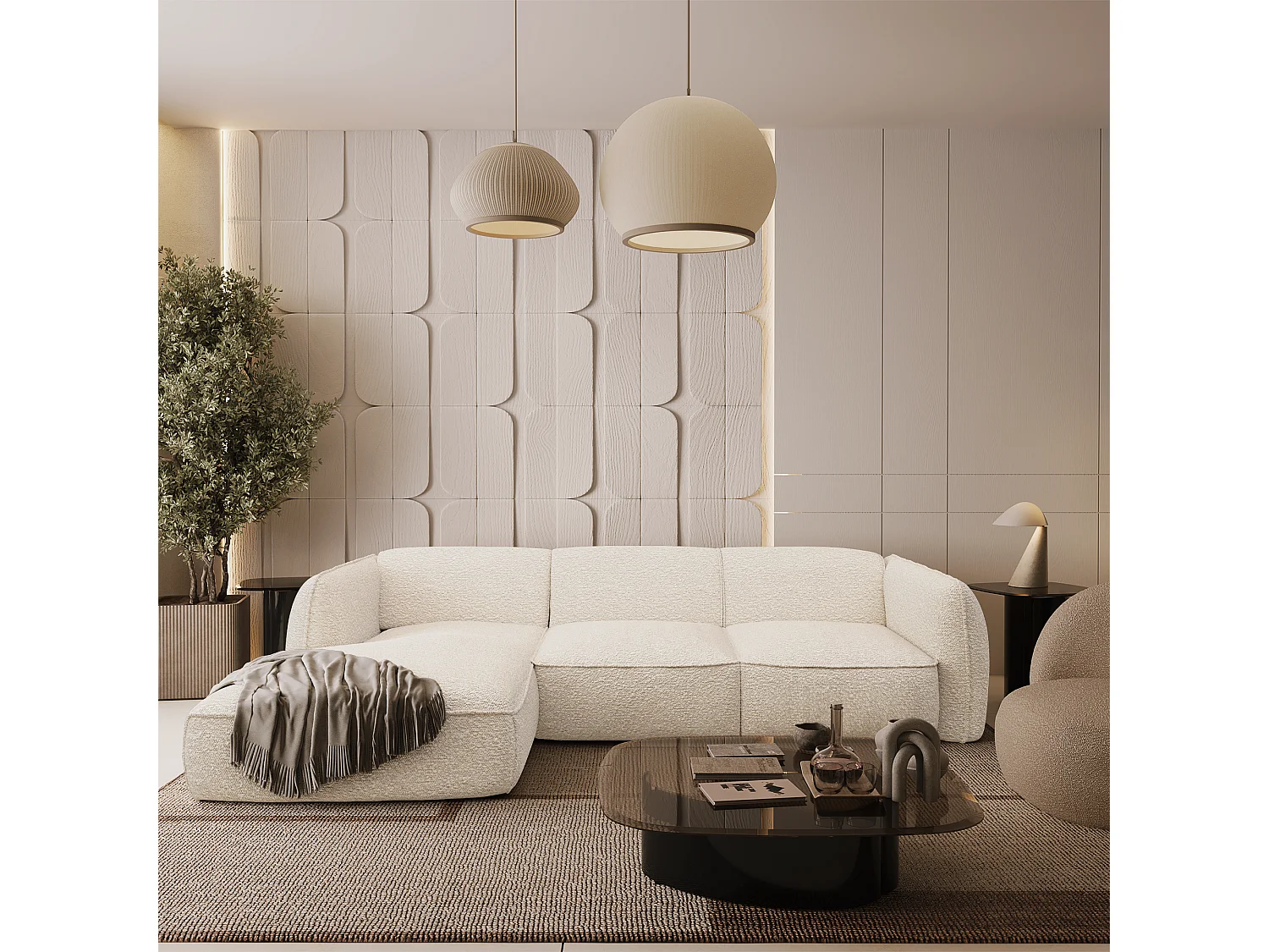 Canapé d'angle gauche bouclette crème LIVIA