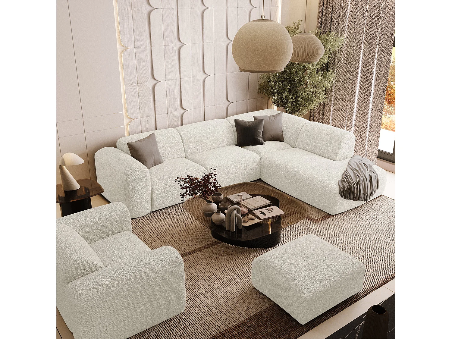 Canapé grand angle droit  5 places MYRA en tissu bouclette crème