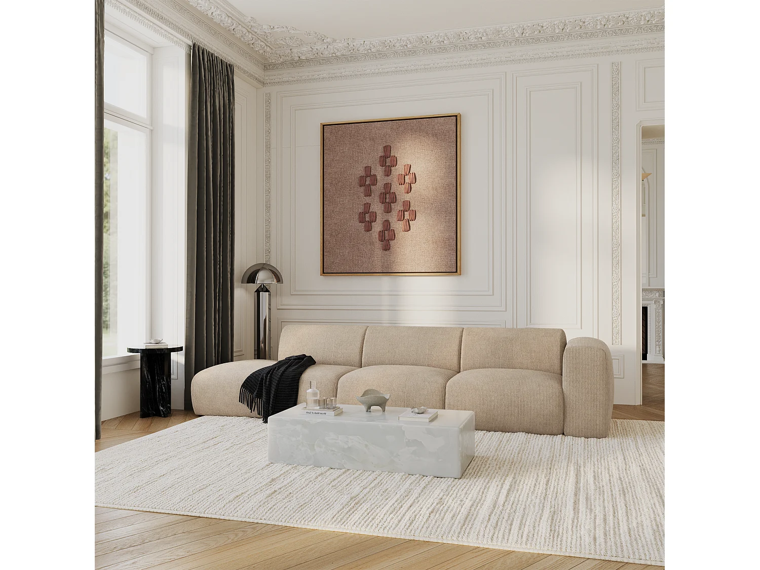 Canapé droit 5 places velours côtelé beige 310cm MYRA