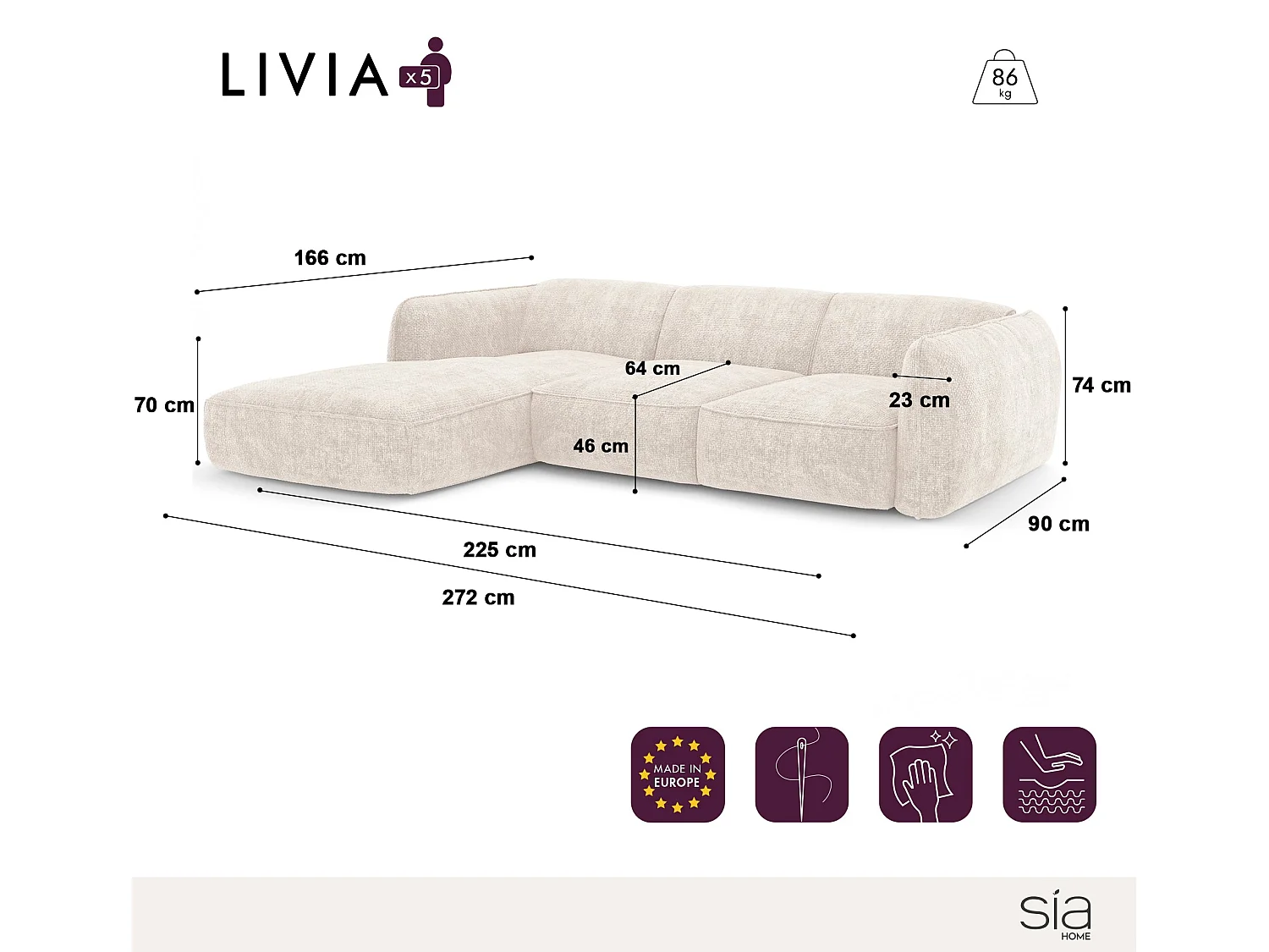 Canapé d'angle gauche velours tramé anthracite foncé LIVIA