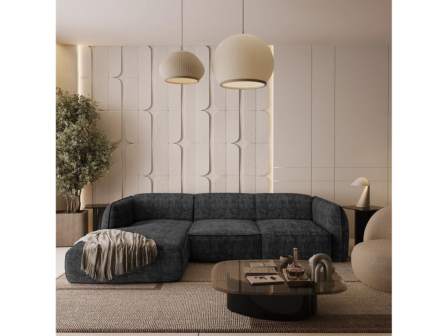 Canapé d'angle gauche velours tramé anthracite foncé LIVIA