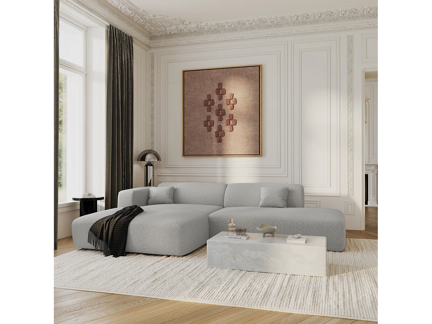 Canapé angle gauche ouvert 5 places MYRA en tissu tramé gris clair