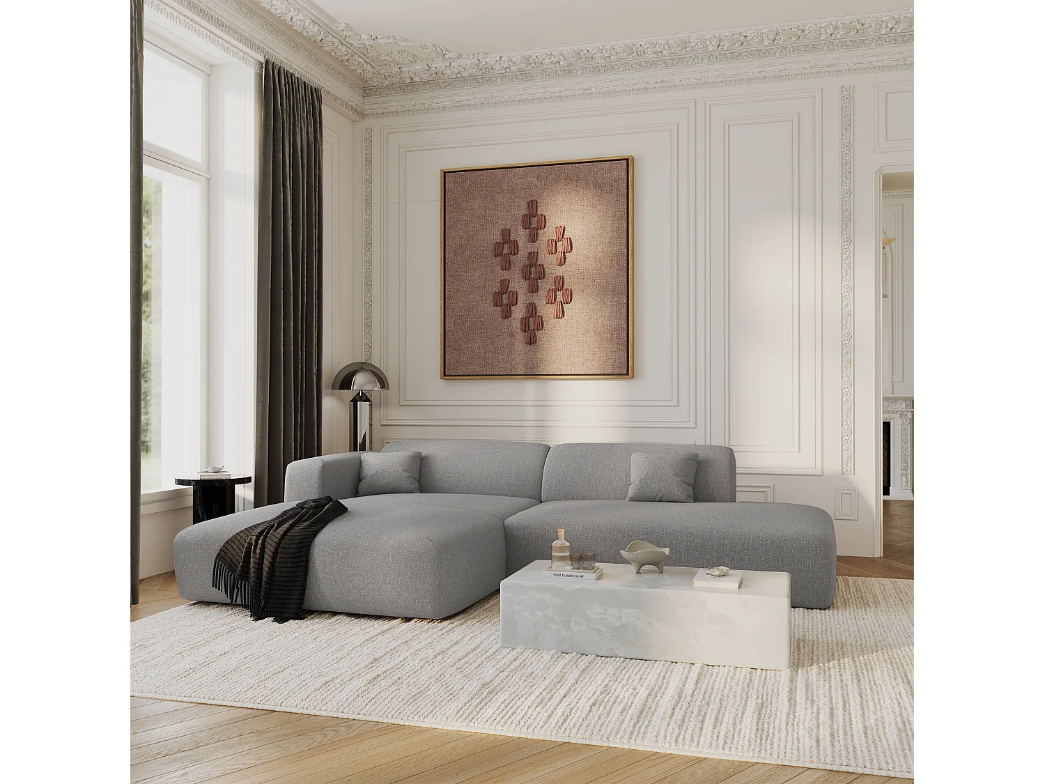 Canapé angle gauche ouvert tissu tramé gris clair 5 places MYRA