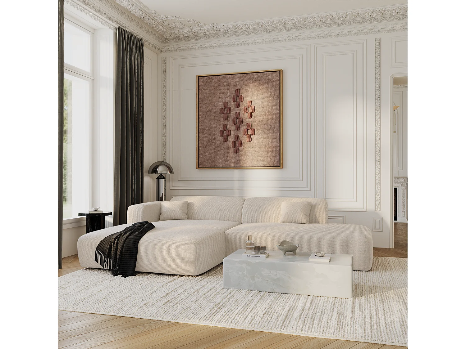 Canapé angle gauche ouvert velours côtelé crème 5 places MYRA