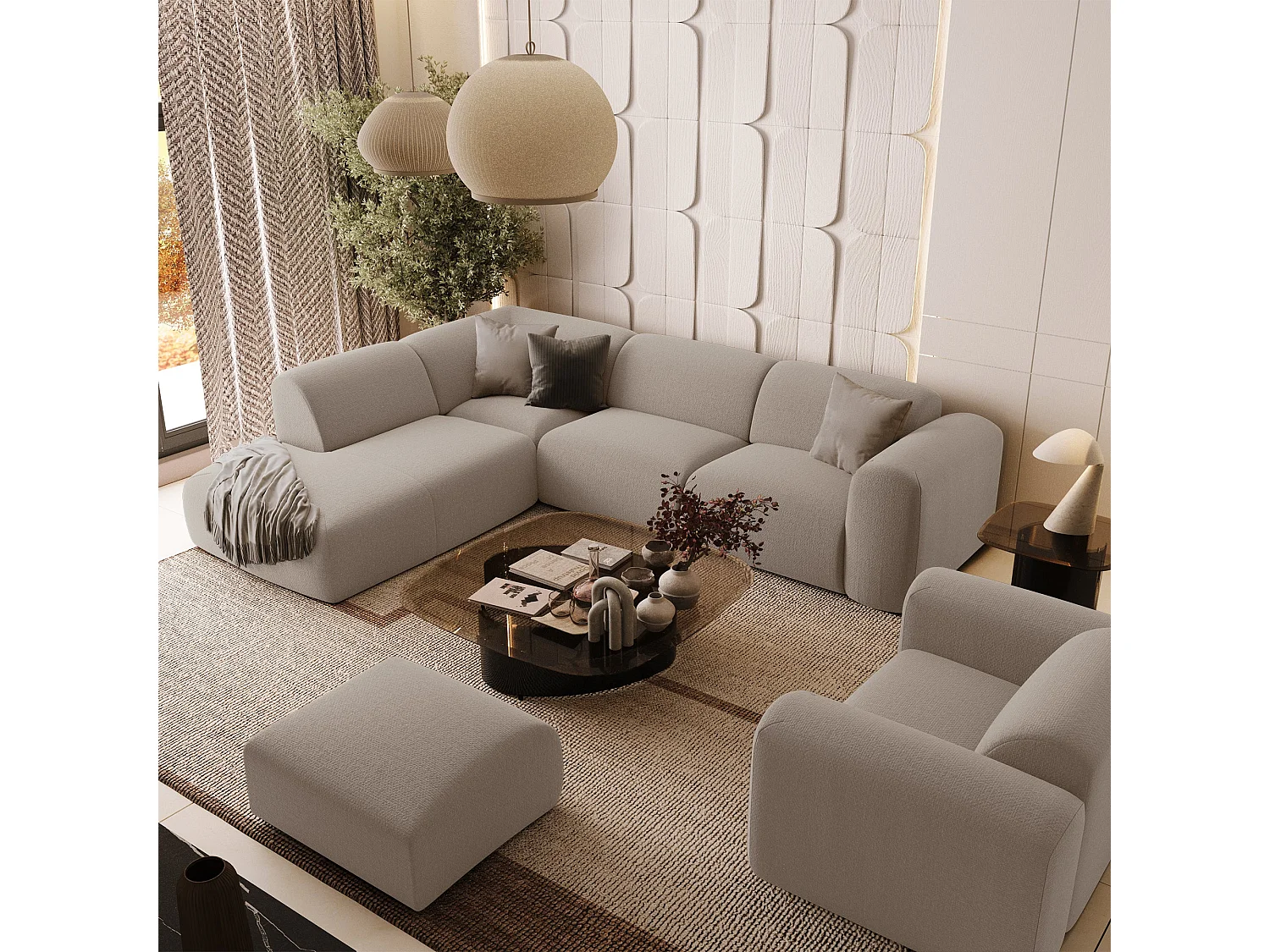 Canapé grand angle gauche 5 places tissu tramé beige MYRA