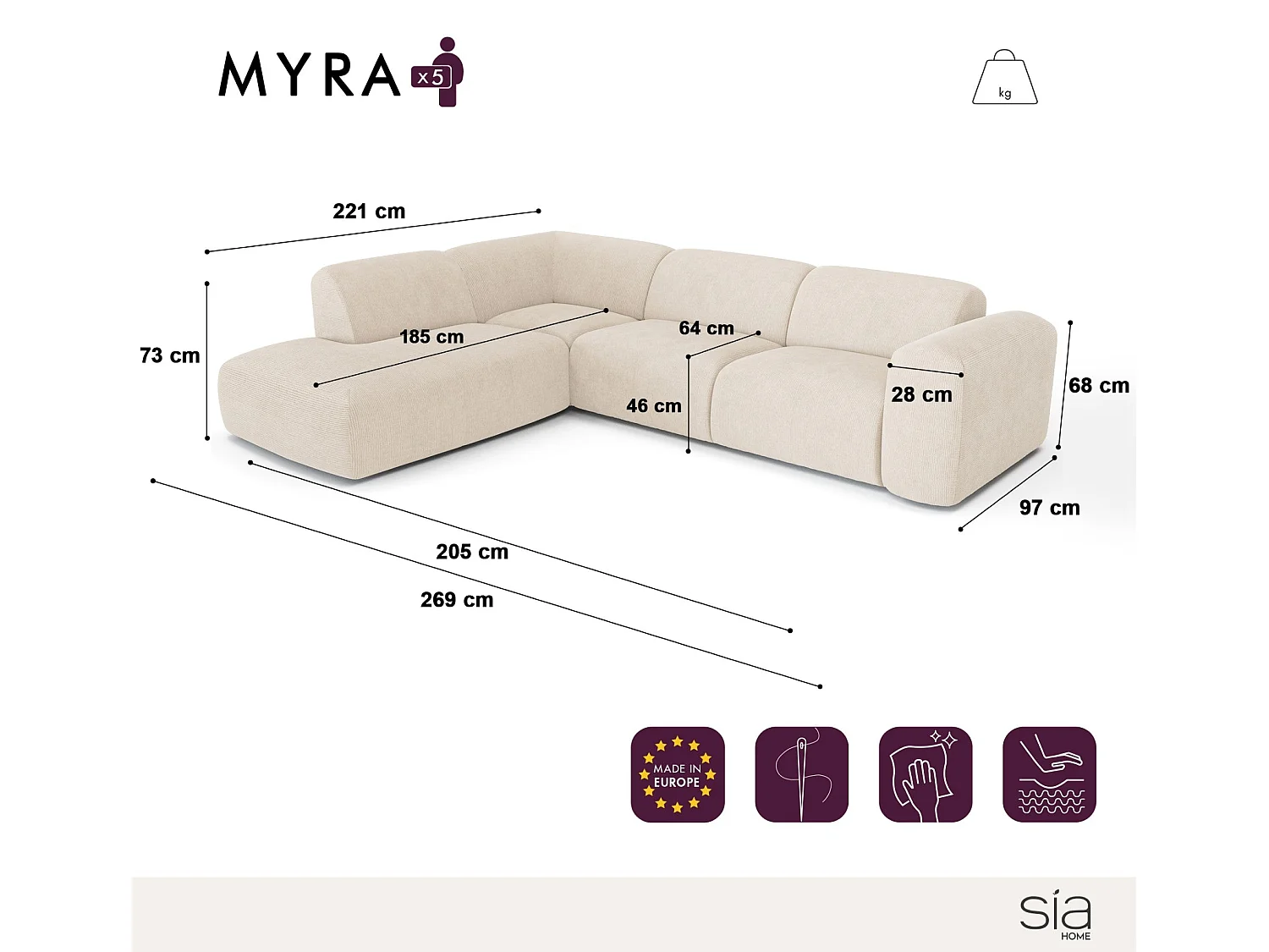 Canapé grand angle gauche 5 places tissu tramé beige MYRA