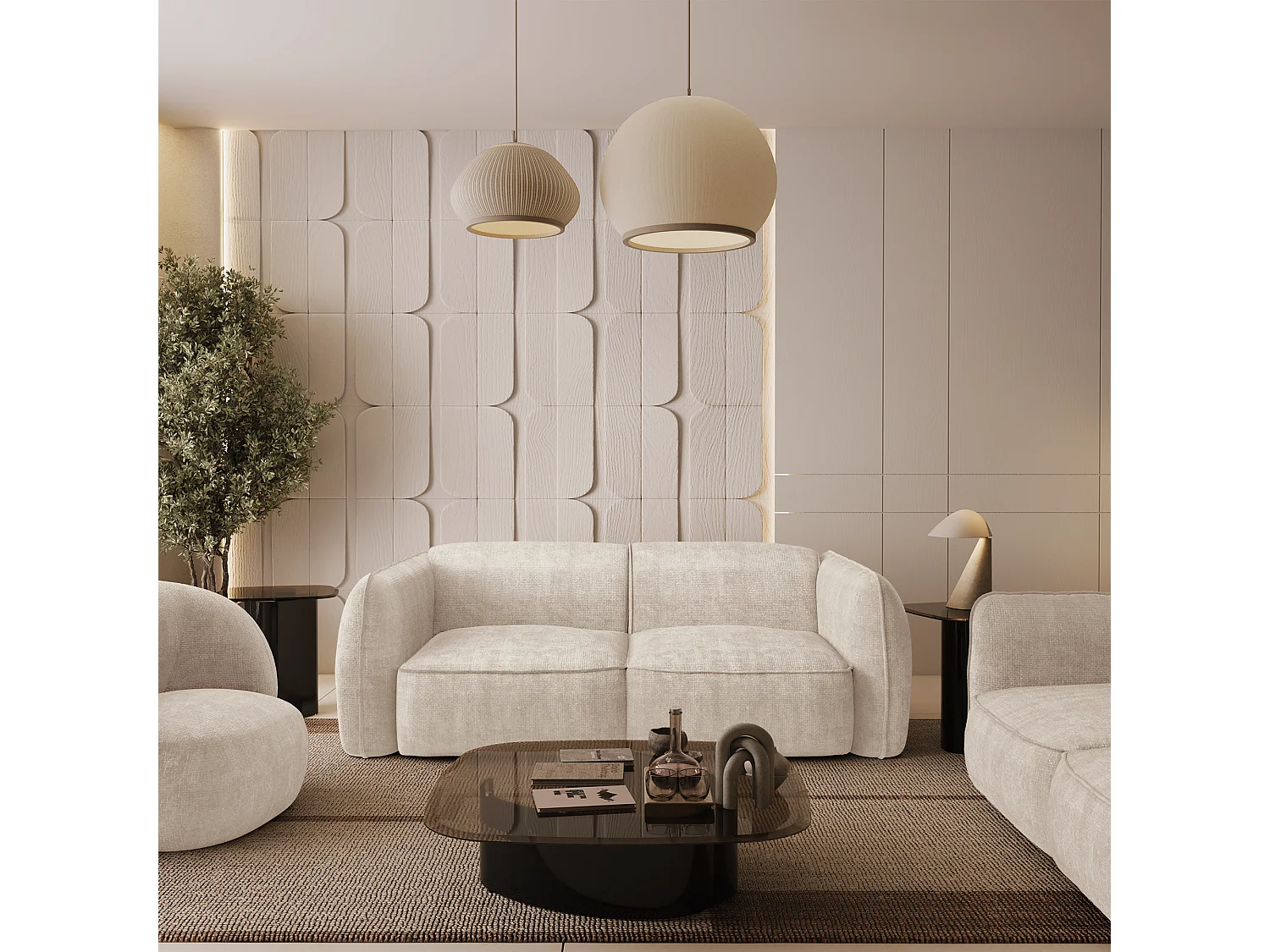 Canapé 4 places velours tramé crème LIVIA