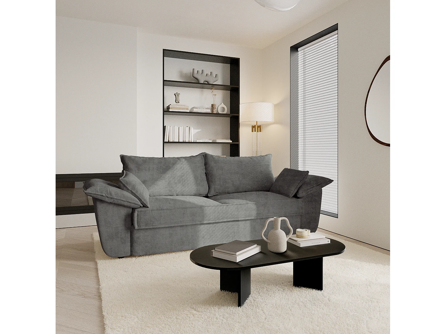 Canapé 3 places velours côtelé gris anthracite 230cm SASHA