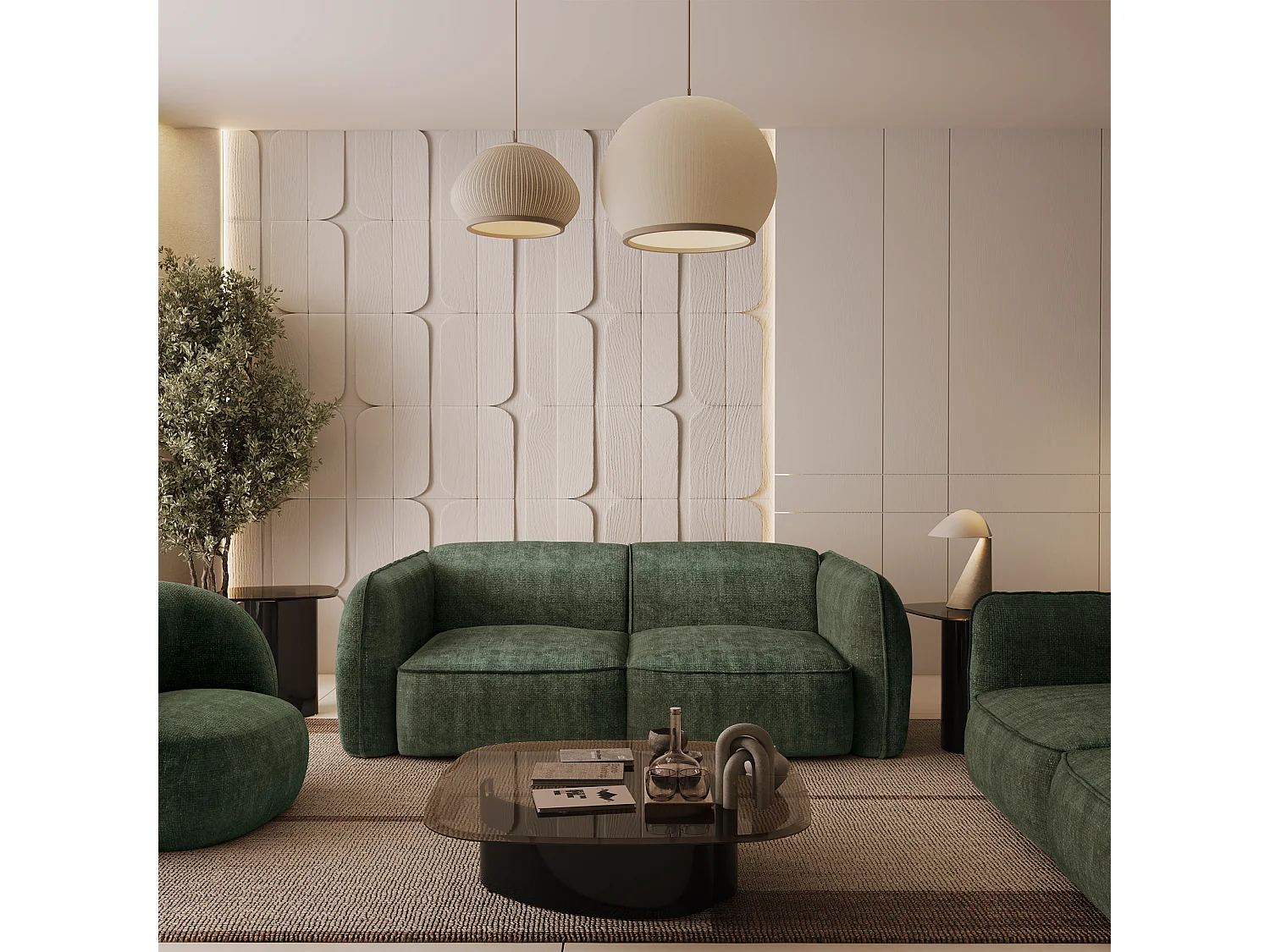 Canapé 4 places velours tramé vert olive LIVIA