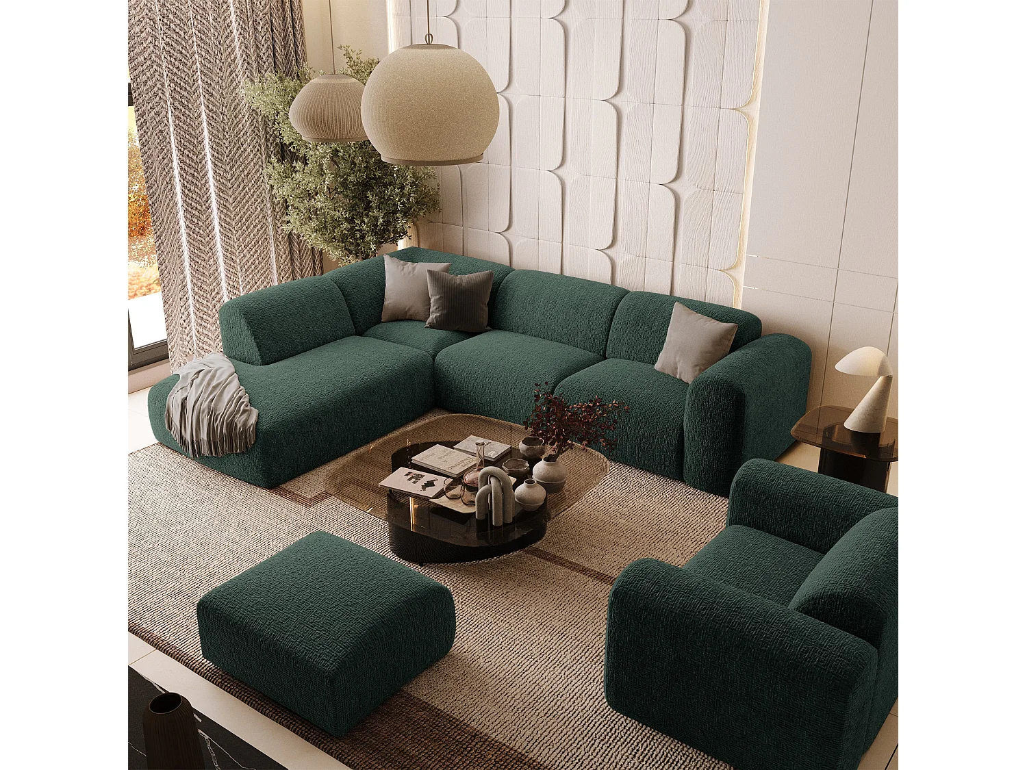 Canapé 5 places grand angle gauche velours à motifs vert  MYRA