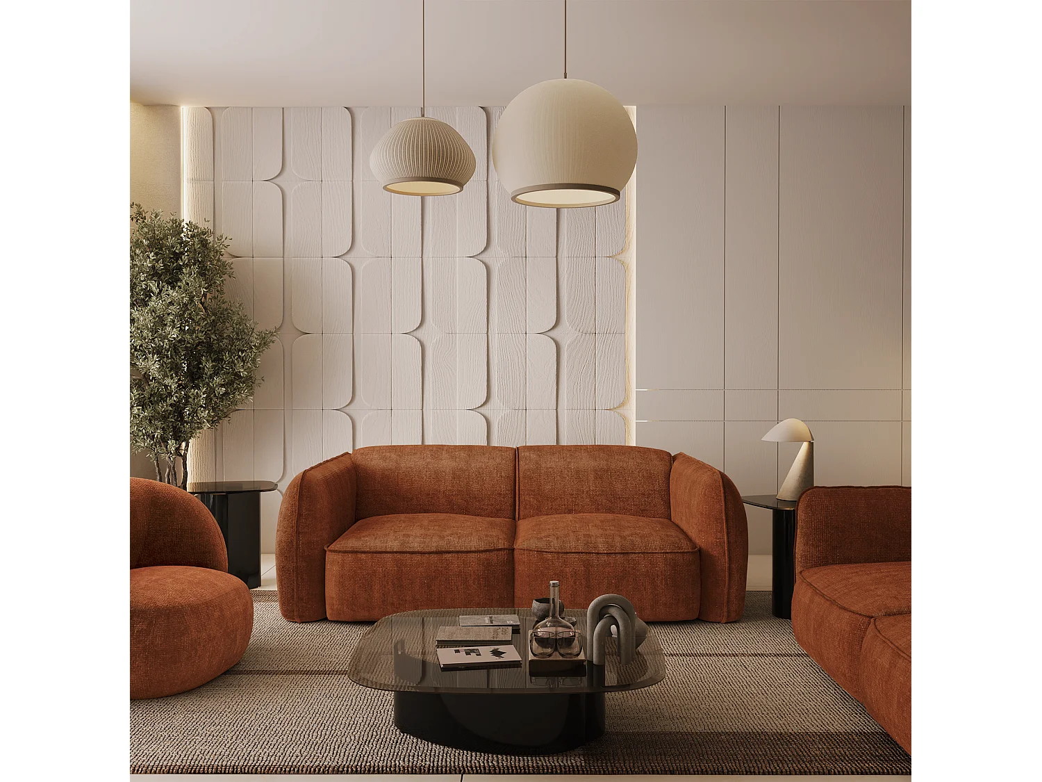 Canapé 4 places velours tramé terracotta LIVIA