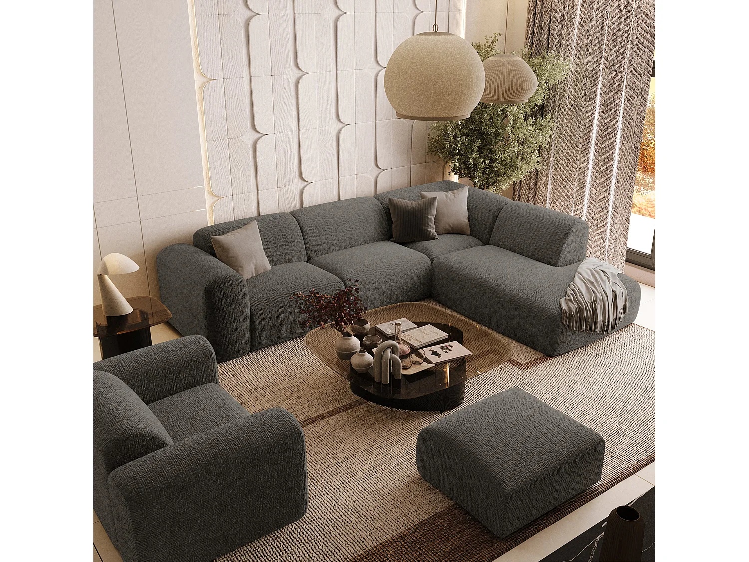 Canapé 5 places grand angle droit velours à motifs gris MYRA