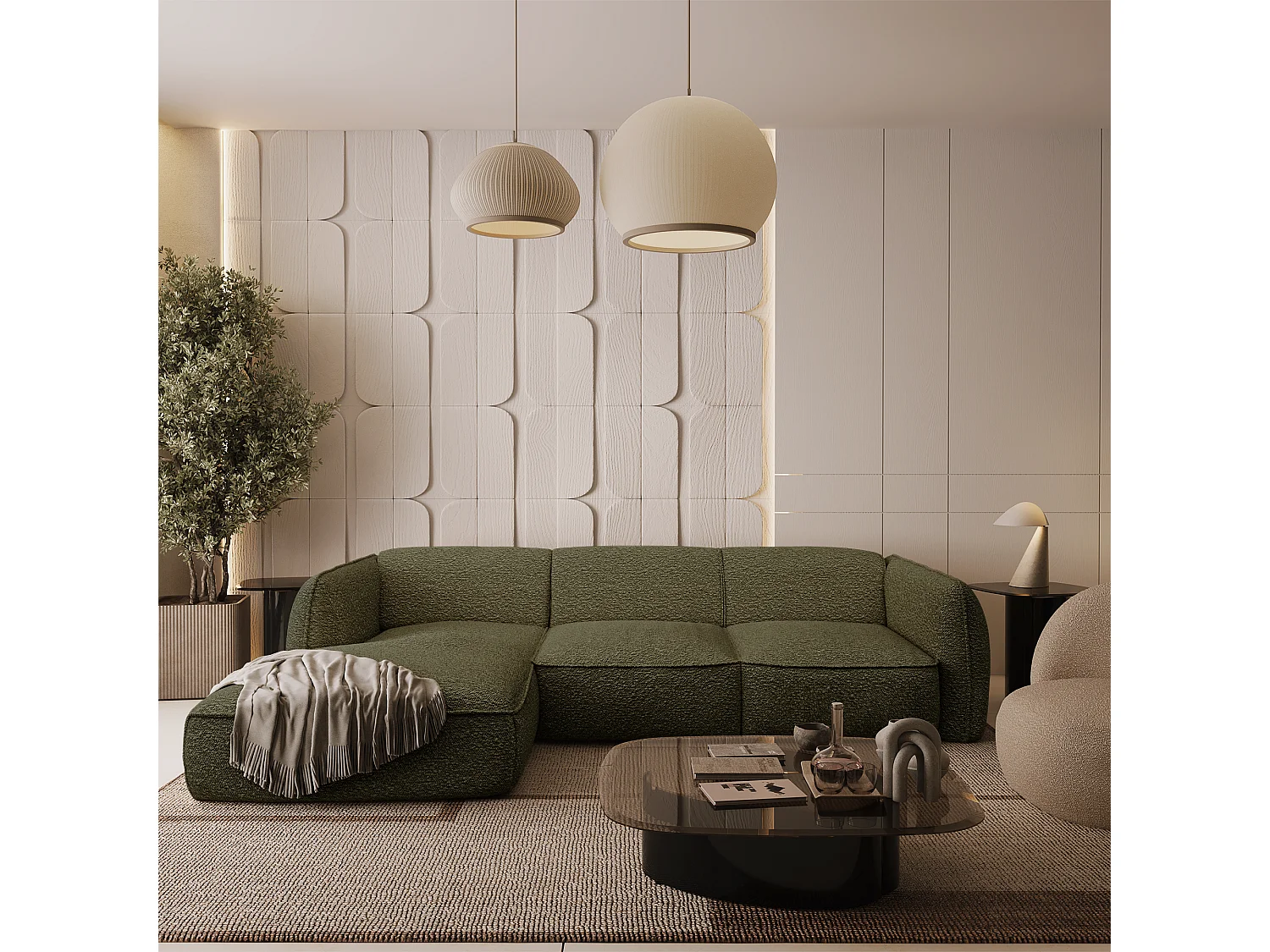 Canapé d'angle gauche bouclette vert olive LIVIA