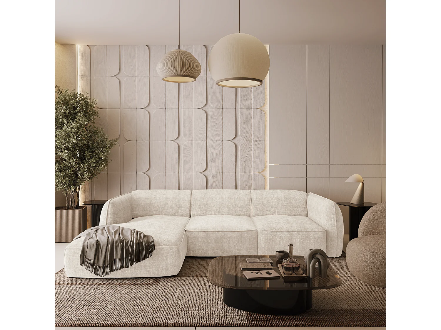 Canapé d'angle gauche velours tramé crème LIVIA