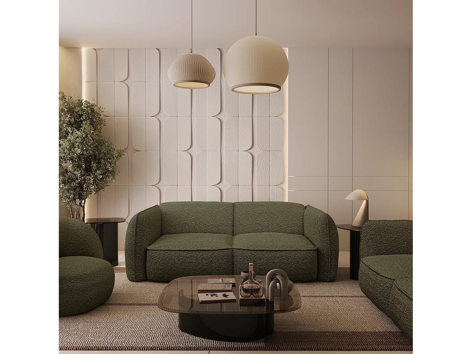 Canapé 4 places bouclette vert olive LIVIA