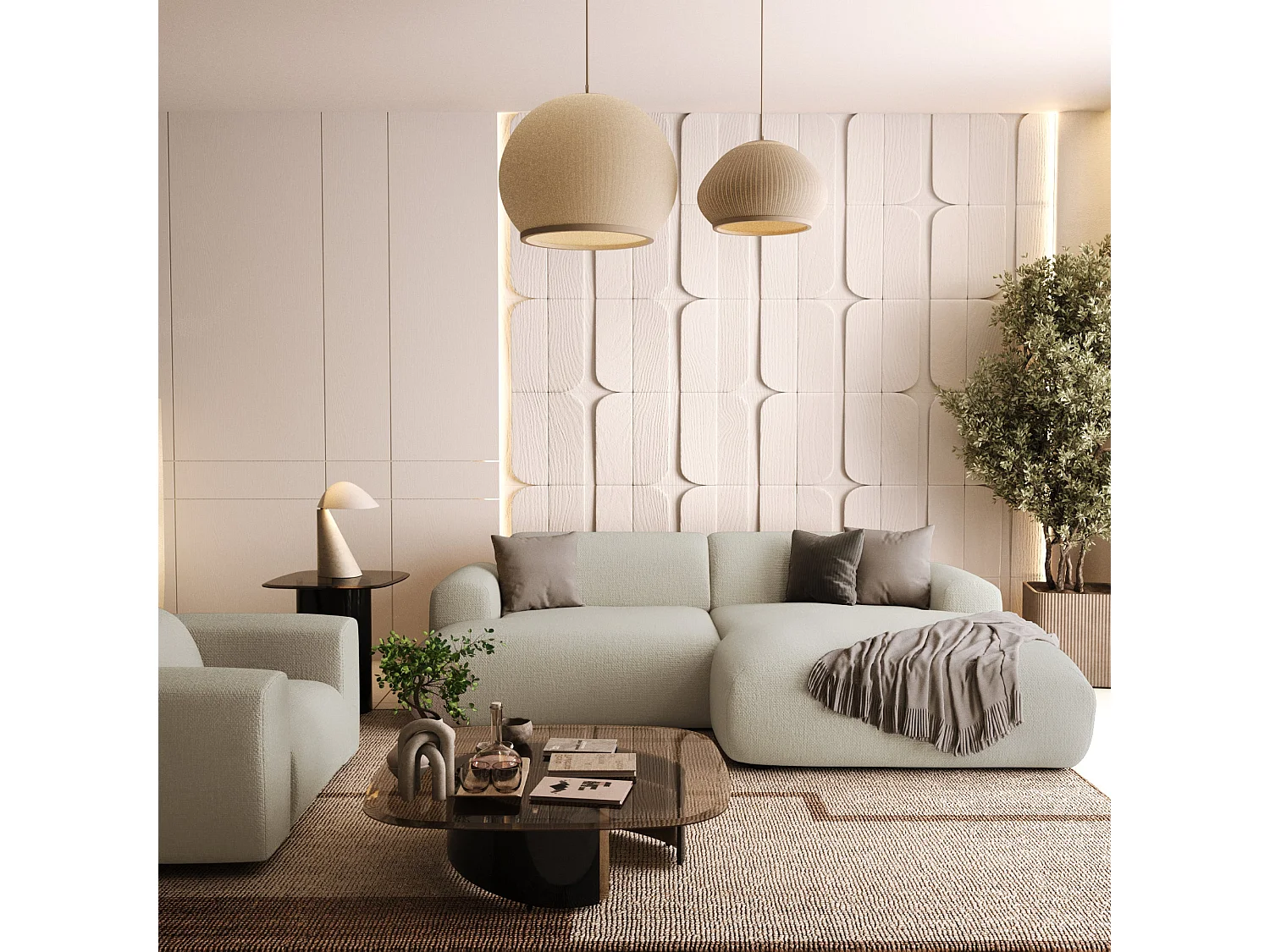 Canapé d'angle droit 4 places MYRA en tissu tramé beige